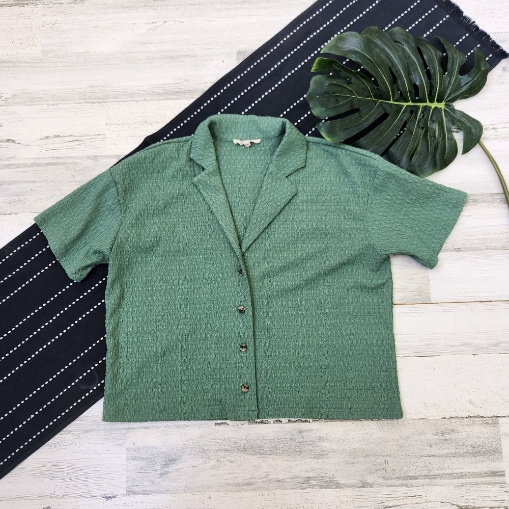 Madewell Crinkle Knit Button Front Short Sleeve Blouse Top Green Size XS - Picture 2 of 7